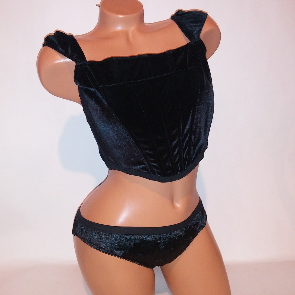 Victoria Secret Bra Set Large Bustier Medium Bikini Panty Black Velour Longline